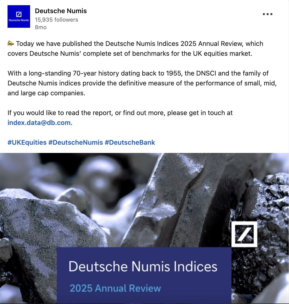 Deutsche Numis опубликовала свой ежегодный обзор индексов акций Великобритании за 2025 год. Источник: LinkedIn